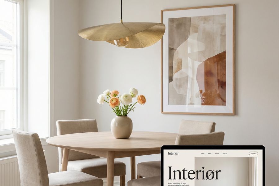 Skandinavisk spisestue med messingloftslampe