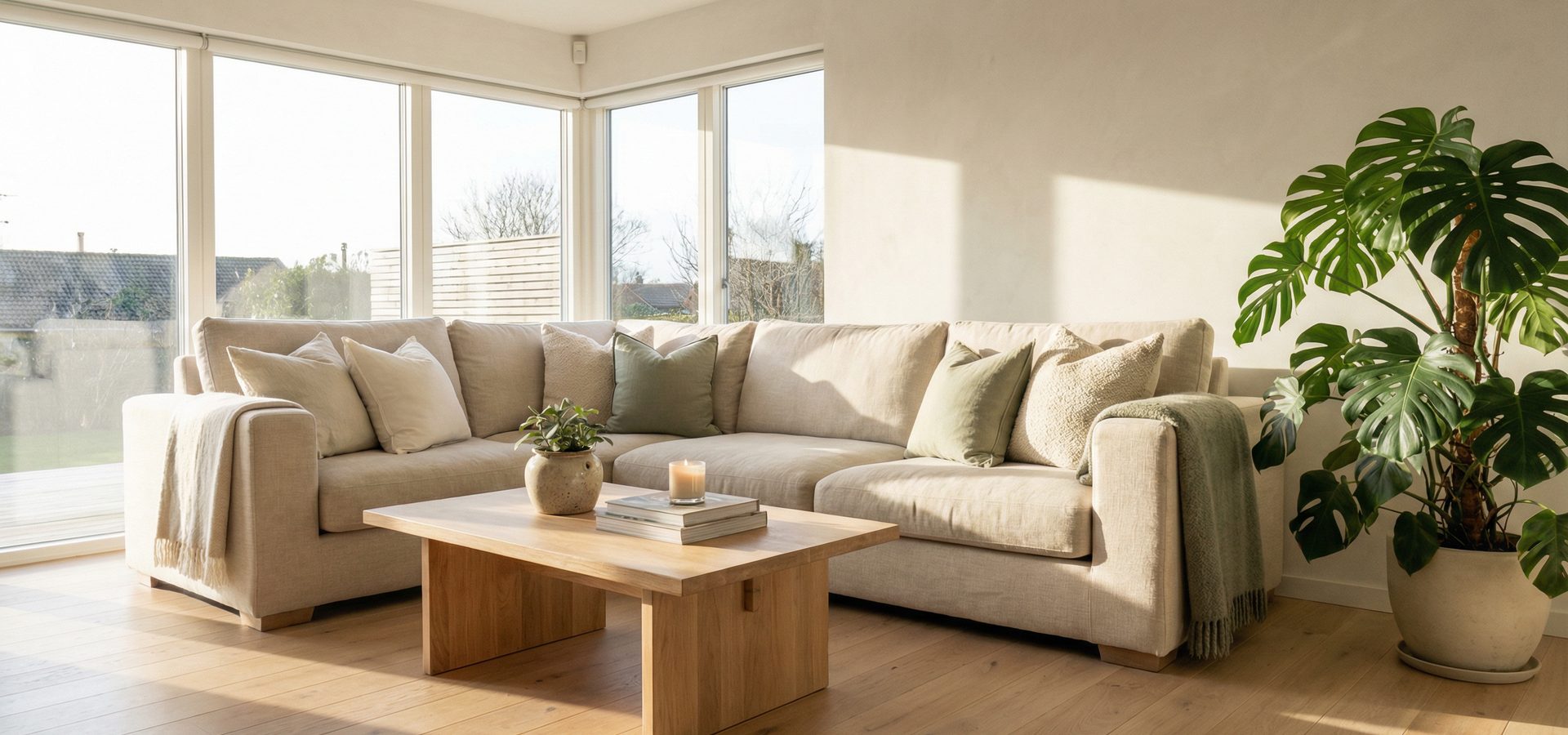 Skandinavisk stue med sofa og planter